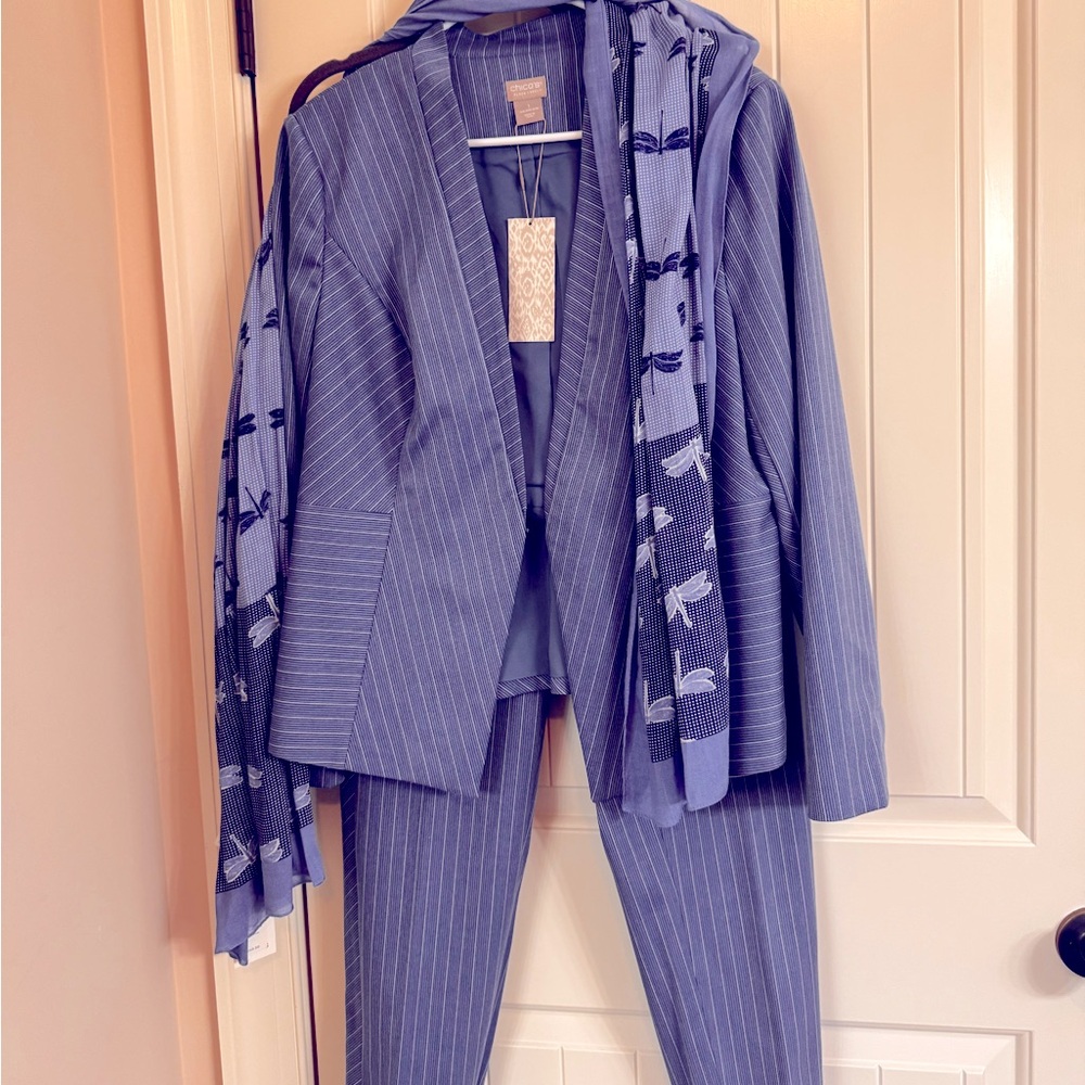 CHICOS BLACK LABEL BLUE JACKET AND PANTS WITH MATCHING SCARF NWT